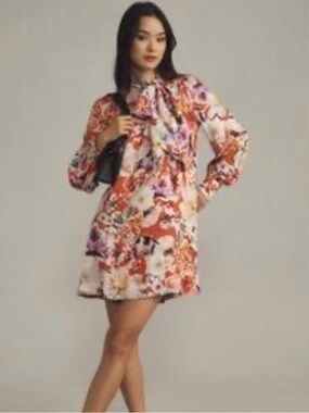Anthropologie Maeve Carol Tie Neck Mini Dress in Bright Floral Size Medium
